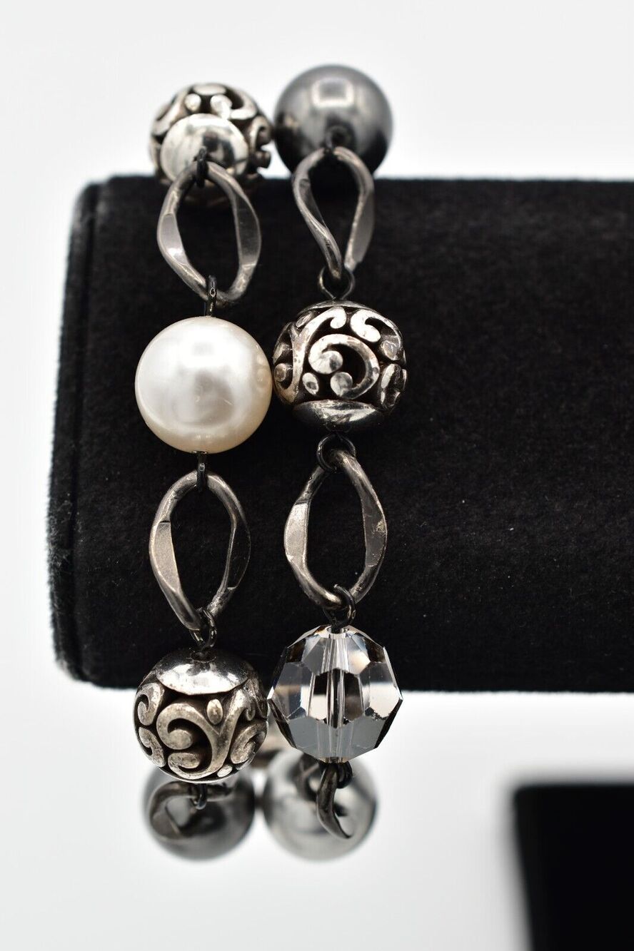 Brighton Crystal Bracelet Multi-Chain Gunmetal Pearl Beaded Chunky Signed BinAD